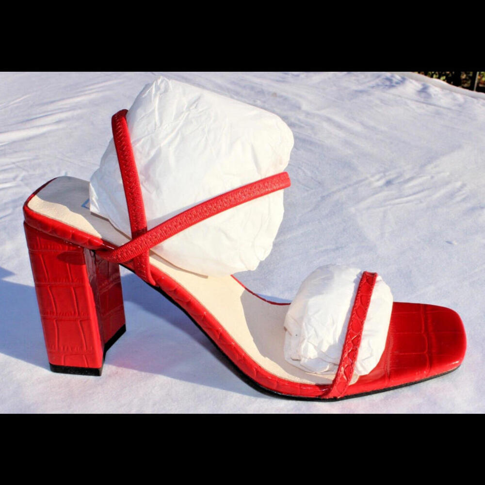 NEW SOL SANA LILY 3-3/4" WRAPPED BLOCK HEEL THIN STRAPS CHERRY RED CROC LEATHER